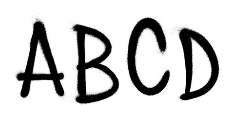 Graffiti spray font alphabet with a spray in black over white. Vector illustration. Part 1 - obrazy, fototapety, plakaty