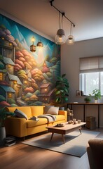 Modern living room with a cropped wall mural, Generative AI 