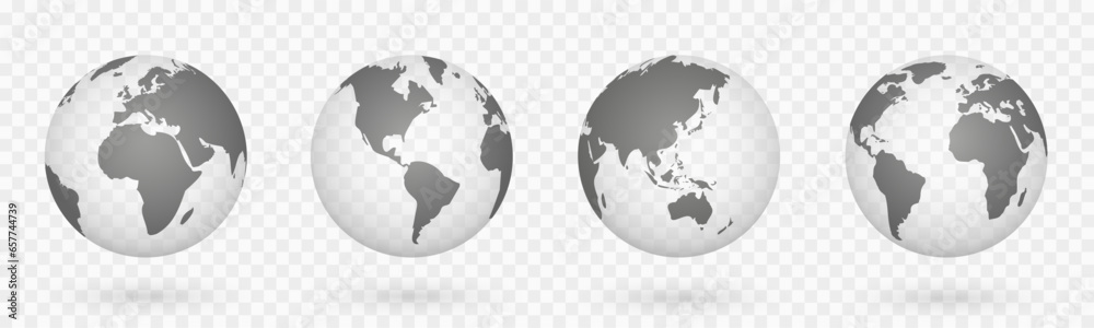 Poster globes of earth 3d set. realistic world map in globe shape. world maps realistic with shadow on tran