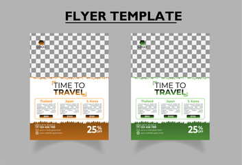 Travel poster flyer design layout space for photo background. Brown & light Green color Travel promotional flyer for travel agency.