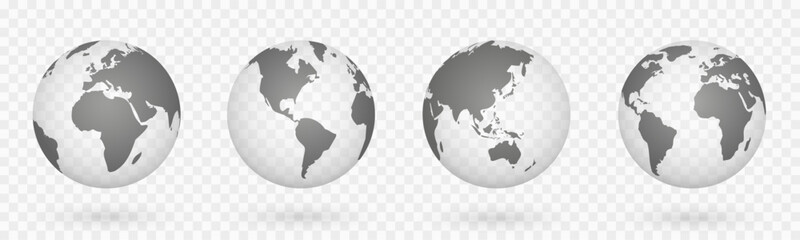 Globes of Earth 3D set. Realistic world map in globe shape. World maps realistic with shadow on transparent background - stock vector. - obrazy, fototapety, plakaty