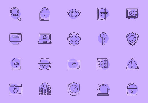 Purple Cybersecurity Data Protection Privacy Icons Set