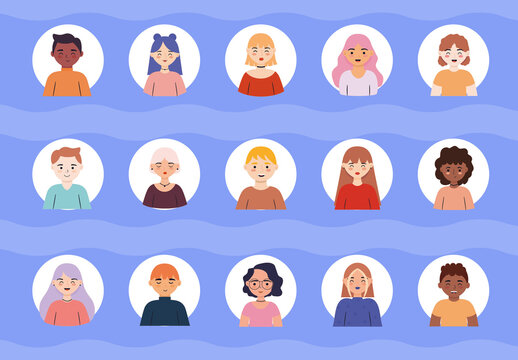 Flat Style Diverse People Avatar Icon Set