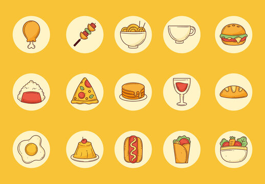 Yellow and Beige Hand-Drawn Food and Drink Icon Set