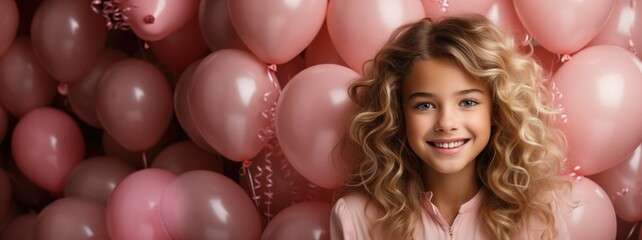 Fototapeta na wymiar Blonde little girl in pastel pink dress with hot air balloons