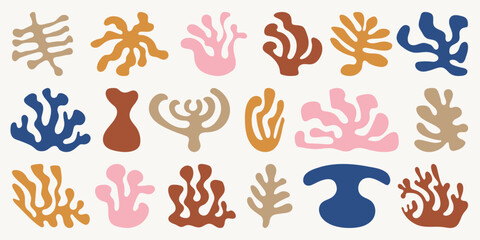 Set of abstract organic shapes. Sea plants, sponge, leaf, corals, algae, vase in paper cut collage style. Contemporary aesthetic vector element for logo, decoration, print, cover, wallpaper. Matisse