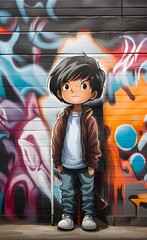 Boy standing near graffiti wall, Generative AI 