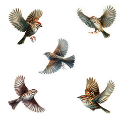 A set of flying Chipping Sparrows isolated on a white background