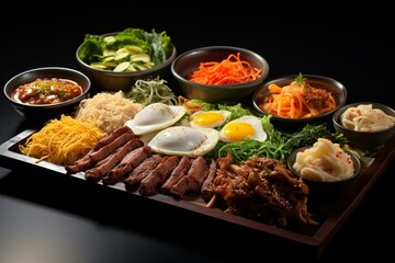 Assorted side dishes on vibrant Korean platter. Generative AI