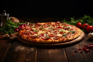 delicious pizza at Italian restaurant on dark wooden background. Generative AI