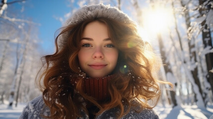 A beautiful girl among a snow-covered forest on a bright sunny day.