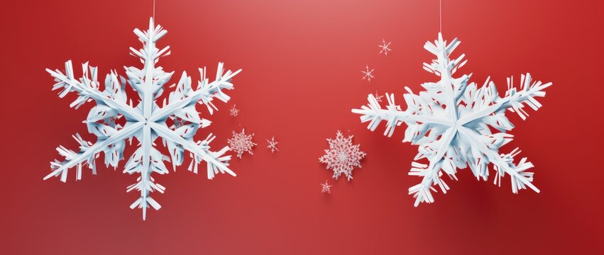 Two delicate snowflakes suspended on red strings against a vibrant background