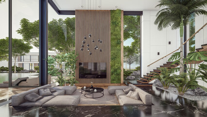 Fototapeta premium 3d rendering of expensive cozy interior with green walls with living dining zone stair and kitchen for sale or rent. Spacious apartments with expensive furniture, equipment and flowers