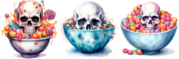 Photo sur Plexiglas Crâne aquarelle Set of watercolor halloween skull in a bowl of candy