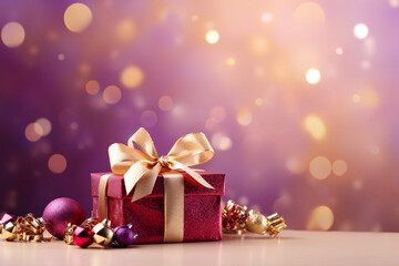 Fototapeta na wymiar colorful wrapped christmas gifts in pink, purple and gold with christmas decorations in front of a pink bokeh background with space for text, christmas background
