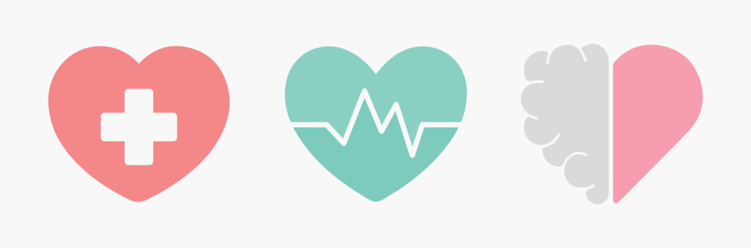 Medicine, mental health, brain, heart, healthy, cure, treatment. Doctor, hospital, nurse. Illustration, icon, vector, set. Heartbeat symbol
