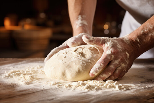 baker hands kneading pizza dough