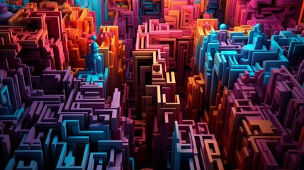 Neon Maze Pattern with 3D Depth.
3D maze pattern with neon lighting creating depth and complexity.