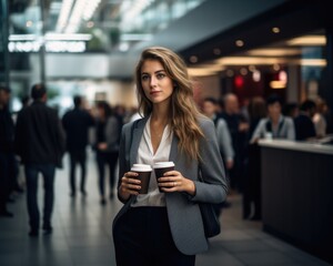 A busy businesswoman in a rush, grabbing her coffee on the go in an urban setting. Generative AI. - obrazy, fototapety, plakaty