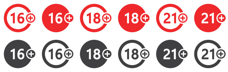 Set of age restriction signs in two colors. Age limit from 16 to 21 years. Adults ?ontent icons, prohibition signs. 16,18, 21 age symbols. Vector illustration.
