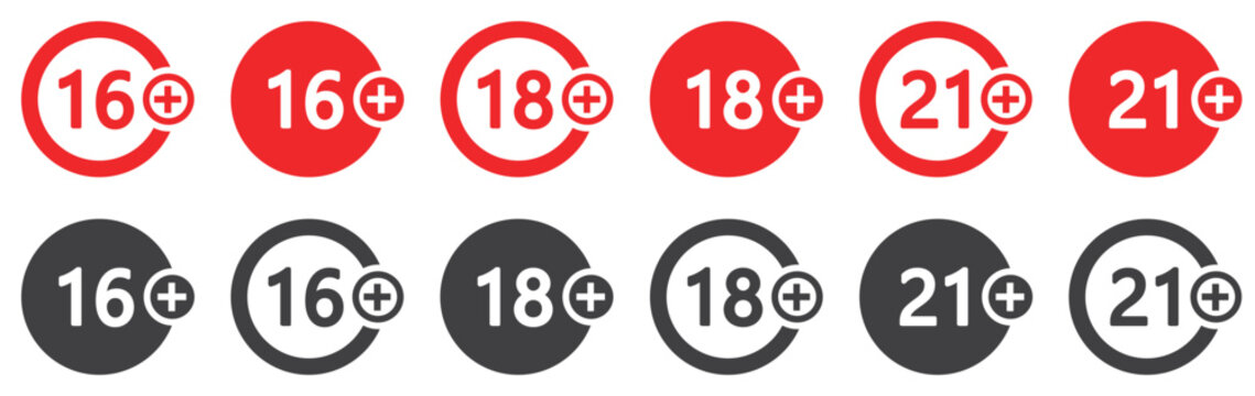 Set of age restriction signs in two colors. Age limit from 16 to 21 years. Adults ?ontent icons, prohibition signs. 16,18, 21 age symbols. Vector illustration.