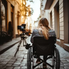 Fototapeten A young woman in a wheelchair in front of a camera on a street. AI generated picture. © ausra