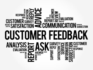 Customer Feedback is information provided by customers about their experience with a product or service, word cloud concept for presentations and reports