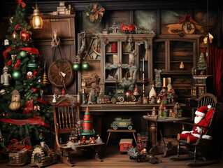 Fototapeta na wymiar interior christmas. magic glowing tree, fireplace and gifts