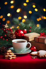 Fototapeta na wymiar a mug with hot coffee and christmas cookies next to it, books and christmas decorations, in background a bokeh from a christmas tree, cozy athmosphere, christmas background