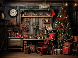 Fototapeta na wymiar interior christmas. magic glowing tree, fireplace and gifts