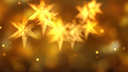 hanging bright christmas stars decoration for festive illumination on golden abstract background,...