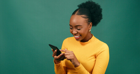 Beautiful young woman scrolls on social media, dating app, zooms in, smiles