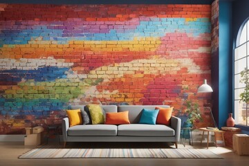 Living room with furniture and colorful brick walls.generative AI