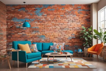 Living room with furniture and colorful brick walls.generative AI