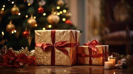 Gift boxes under christmas tree. AI - obrazy, fototapety, plakaty