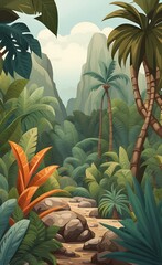 Tropical vintage landscape, rock, trees, palms, bush floral seamless border. Jungle botanical mural, Generative AI 