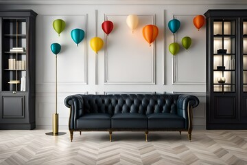 balloons decorated on the wall of the interior room with sofa beautifully decorated for birthday 