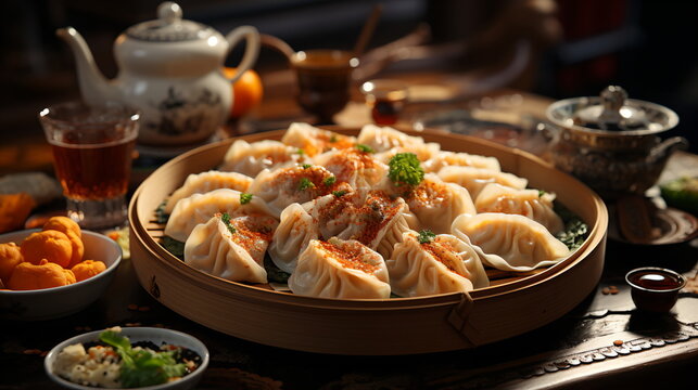 hot restaurant processed siomai with chili sauce