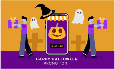 Online shopping halloween concept, Digital Halloween Delights, Explore the Festival's Charms with Spooky Gifts and Online Surprises