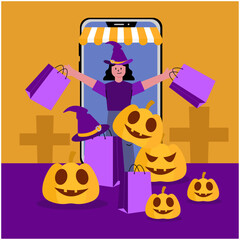 Online shopping Seasonal Shopping Bliss, Woman Enjoys Halloween-Themed Retail Therapy with Mobile and Pumpkin