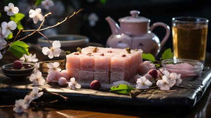 Japanese dessert mochi with matcha green tea powder and cherry, japanese tea ceremony