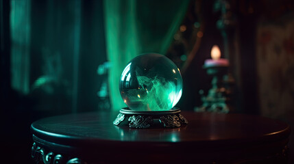 Fototapeta premium A green mystical crystal ball resting on a table in the dimly lit, enigmatic chamber of a fortune teller.