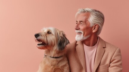 A senior man and his dog smile in a studio photo against a light background.