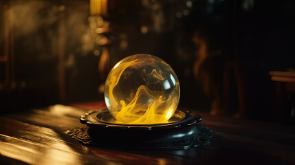 A yellow mystical crystal ball resting on a table in the dimly lit, enigmatic chamber of a fortune teller.