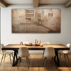 Living room interior with empty tables and empty chairs, a large diagram with drawings hangs against the background of the wall.