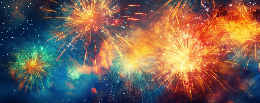 Fireworks at New Year and copy space, New Year Fireworks Celebration, Colorful Night Sky Display, 
Happy Holidays winter season, Vibrant Midnight multi-colored  Show for Annual Event