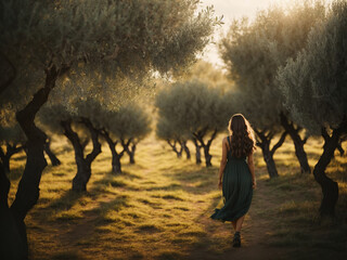 A woman with flowing hair walks between rows of olive trees at sunset. Back view.