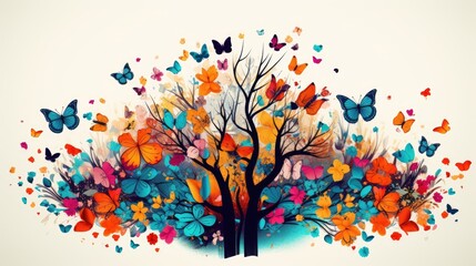 Graphic elements with trees, flowers, butterflies, bright colors