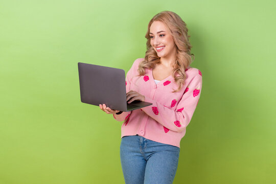 Portrait of pretty girl use netbook coworking chatting social network microsoft apple twitter facebook isolated on green color background
