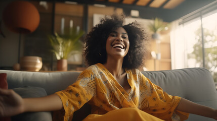 Happy afro american woman dancing on the sofa at home - Smiling girl enjoying day off lying on the couch - Healthy life style, good vibes people and new home concept